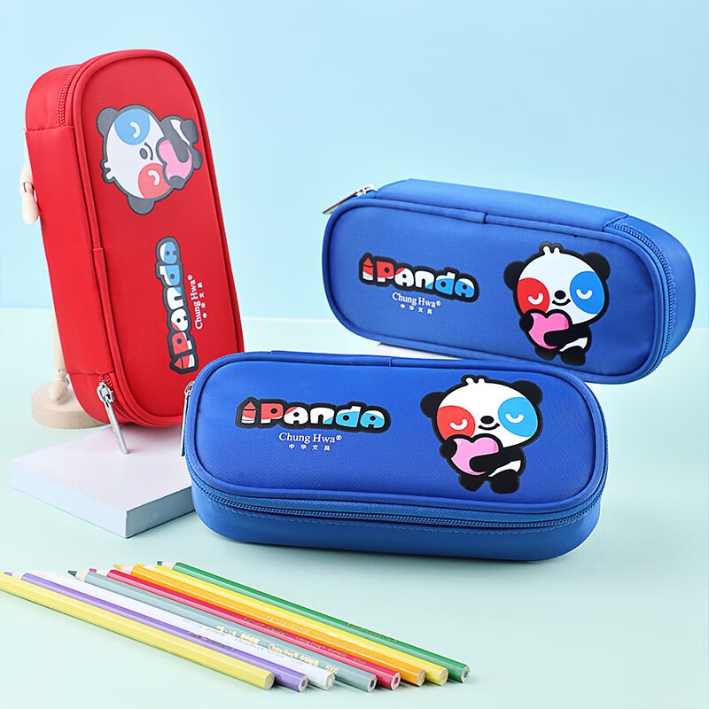 中华(chung hwa)熊猫系列笔袋大容量学生笔袋/多功能文具盒/红色单层