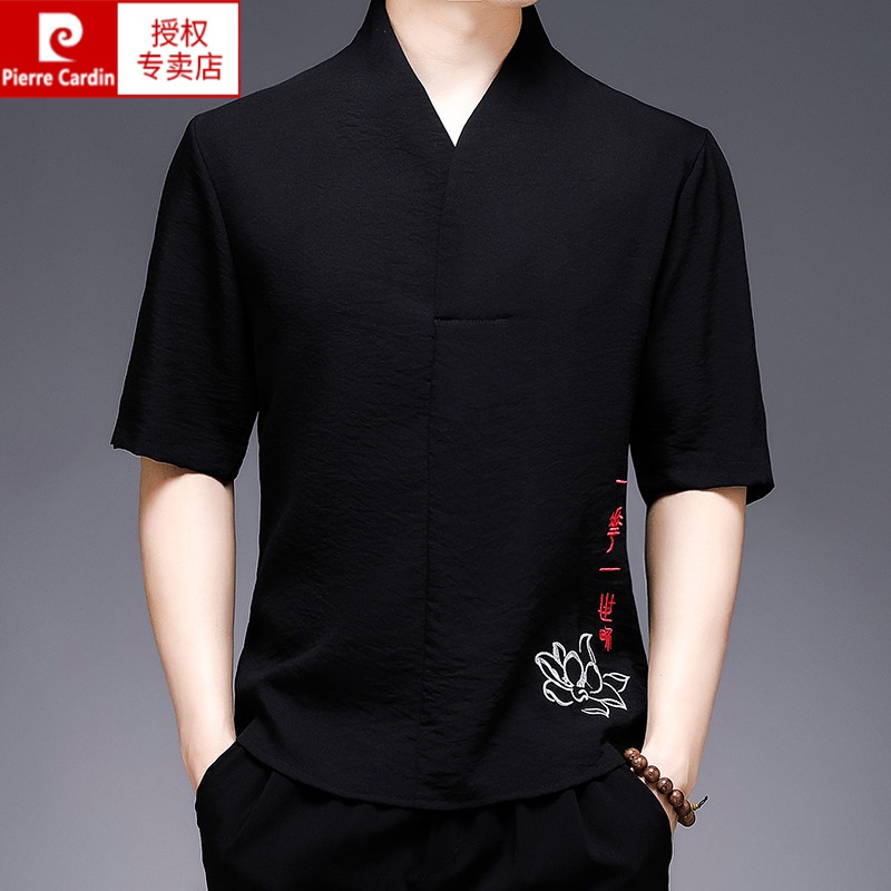 皮尔卡丹（轻奢）中国风男夏季款棉麻短袖刺绣纯色唐装复古亚麻男士针气质 黑色 190/3XL