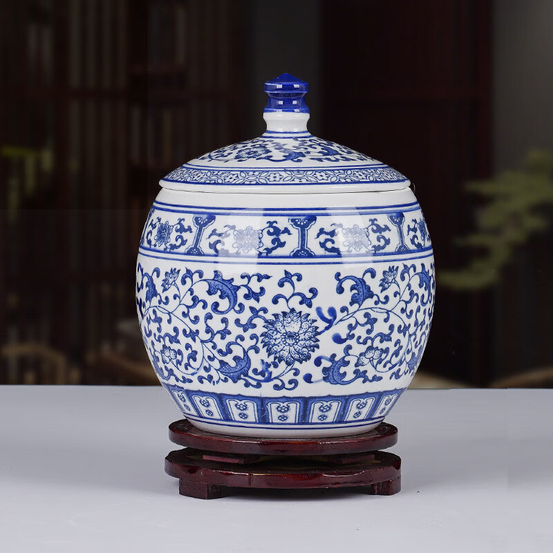 盖密封罐中式家居客厅青花瓷桌面装饰小摆件 【青花冬瓜罐】 旋转底座
