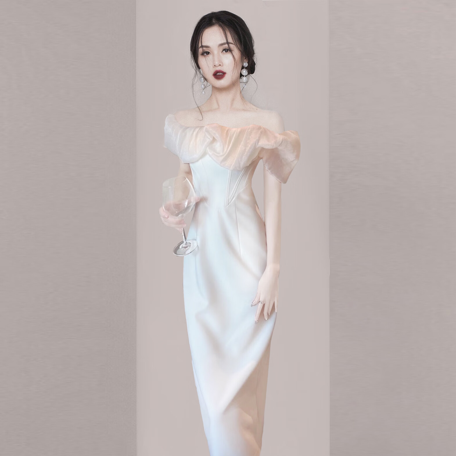 铭汇通礼服女宴会晚礼服成人礼白色2024年秋季短袖杏色一字肩性感