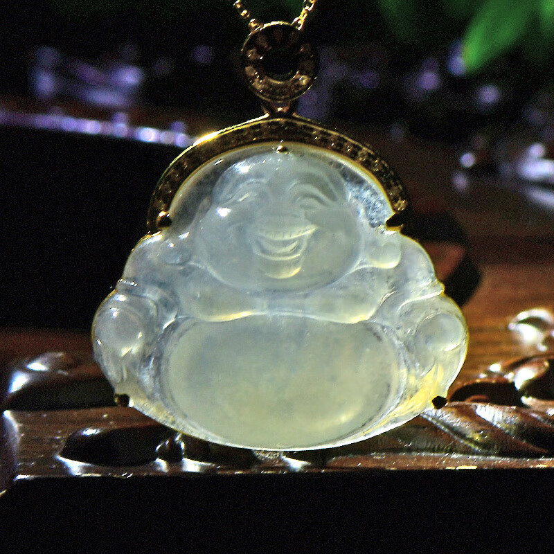 可玉可求翡翠玉佛吊坠女 18K金镶嵌玉石锁骨链 寓意喜乐安康 款八 B1255q
