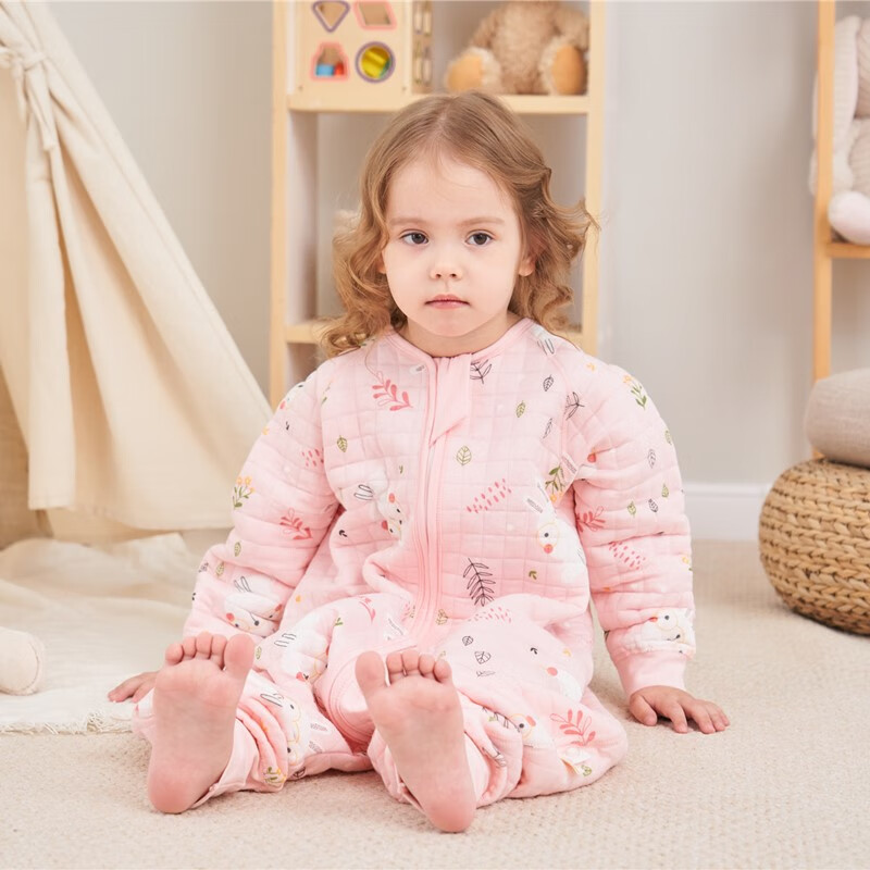 甜蜜礼物春秋冬季棉分腿睡袋婴幼儿童男女宝宝防踢被夹棉款秋冬季新款睡衣 空气层三拉头《18-24度》粉兔子 100码《身高90-100CM》2-4岁