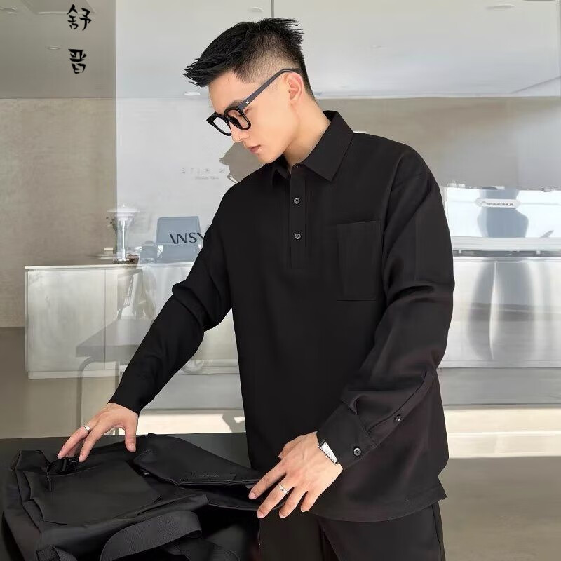 舒晋男士春季免烫衬衫休闲百搭宽松轻商务polo衫下摆开叉长袖衬衣 gm
