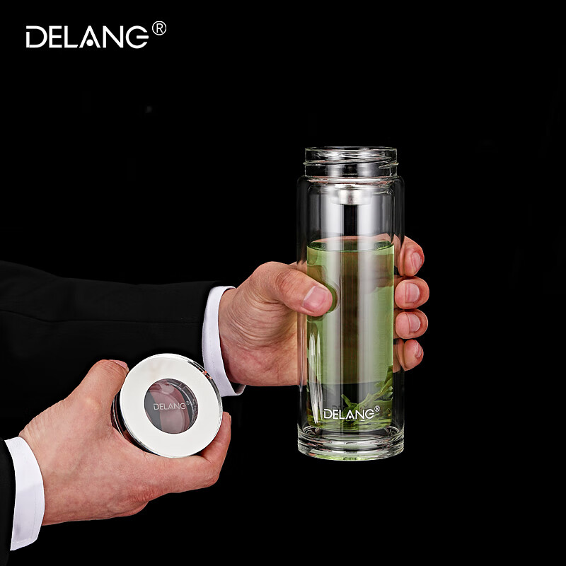 德琅(DELANG)德国品牌水杯双层玻璃杯商务办公玻璃杯 茶水分离杯8003-镜面杯盖-茶滤款