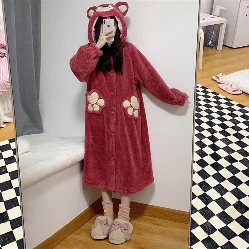 诗莉奥（SHILIAO）保暖睡袍女秋冬加厚睡袍玉桂狗卡通长款浴袍可外穿 草莓熊睡袍 均码 【80-140斤】