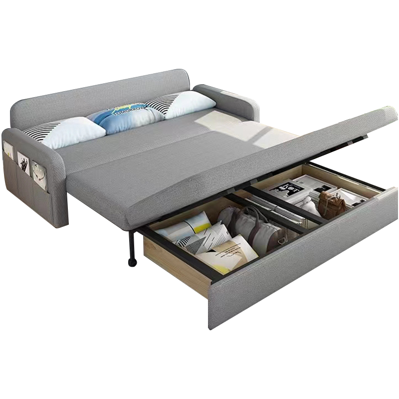 工来工往PF沙发床两用折叠实木沙发床客厅小户型办公沙发懒人布艺沙发单双三人多功能可折叠储物沙发床两用 浅灰色1.7m【棉麻布料】【带储物】