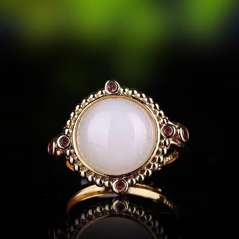 静汝玉【珠宝严选】新疆羊脂白金丝玉轻奢风红纽扣戒指 女款 送礼推荐