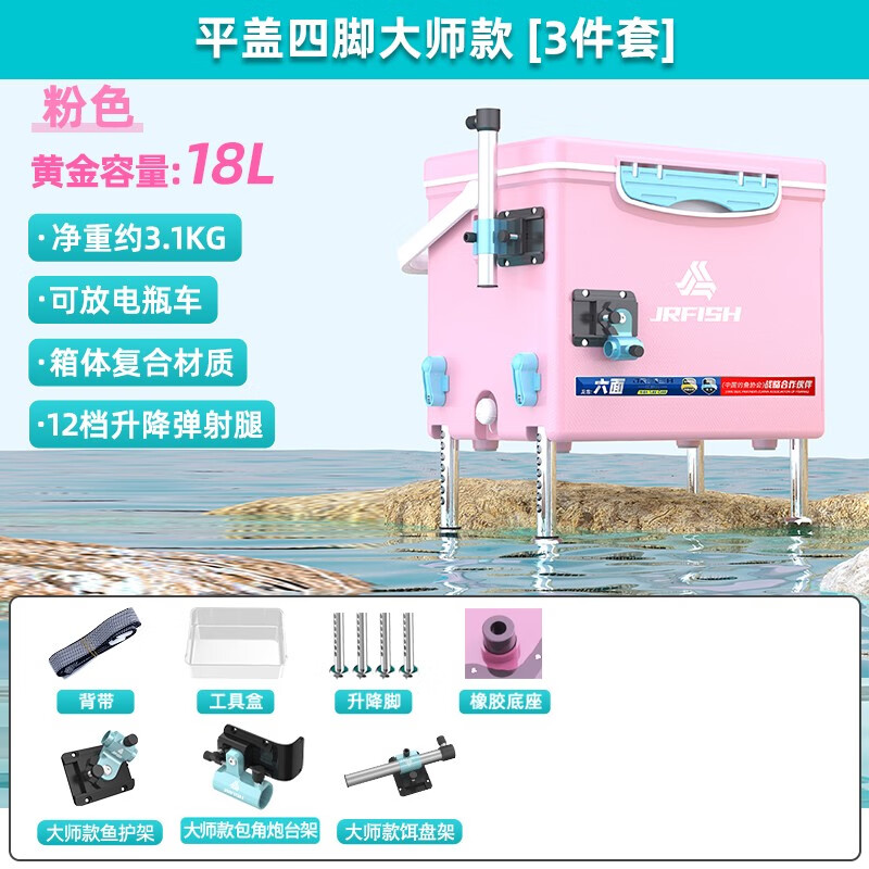 江流魚江流魚新款粉色13升18升mini迷你超輕便保溫野釣魚箱多功能小釣箱 18L 粉平蓋（大師3件套）
