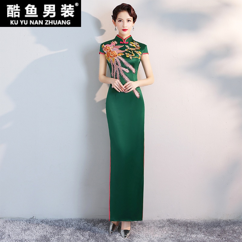 高端旗袍秀演出服装新式改良旗袍年轻款舞台走秀演出服长款大码中老年