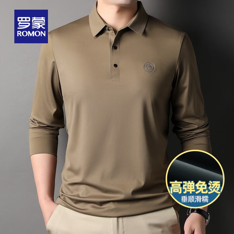 罗蒙(ROMON)高弹长袖t恤男2026春夏新款时尚翻领休闲纯色刺绣胸标男士T恤 1035黑色 170
