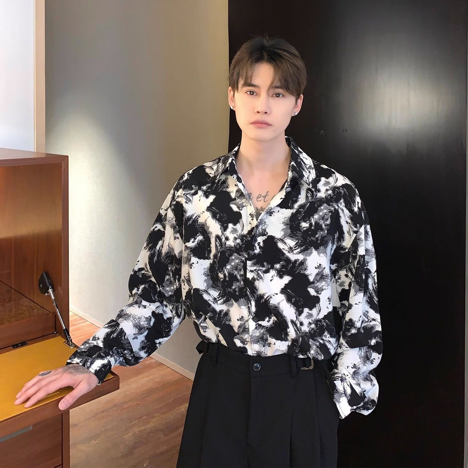 水墨长袖花衬衫黑白 m