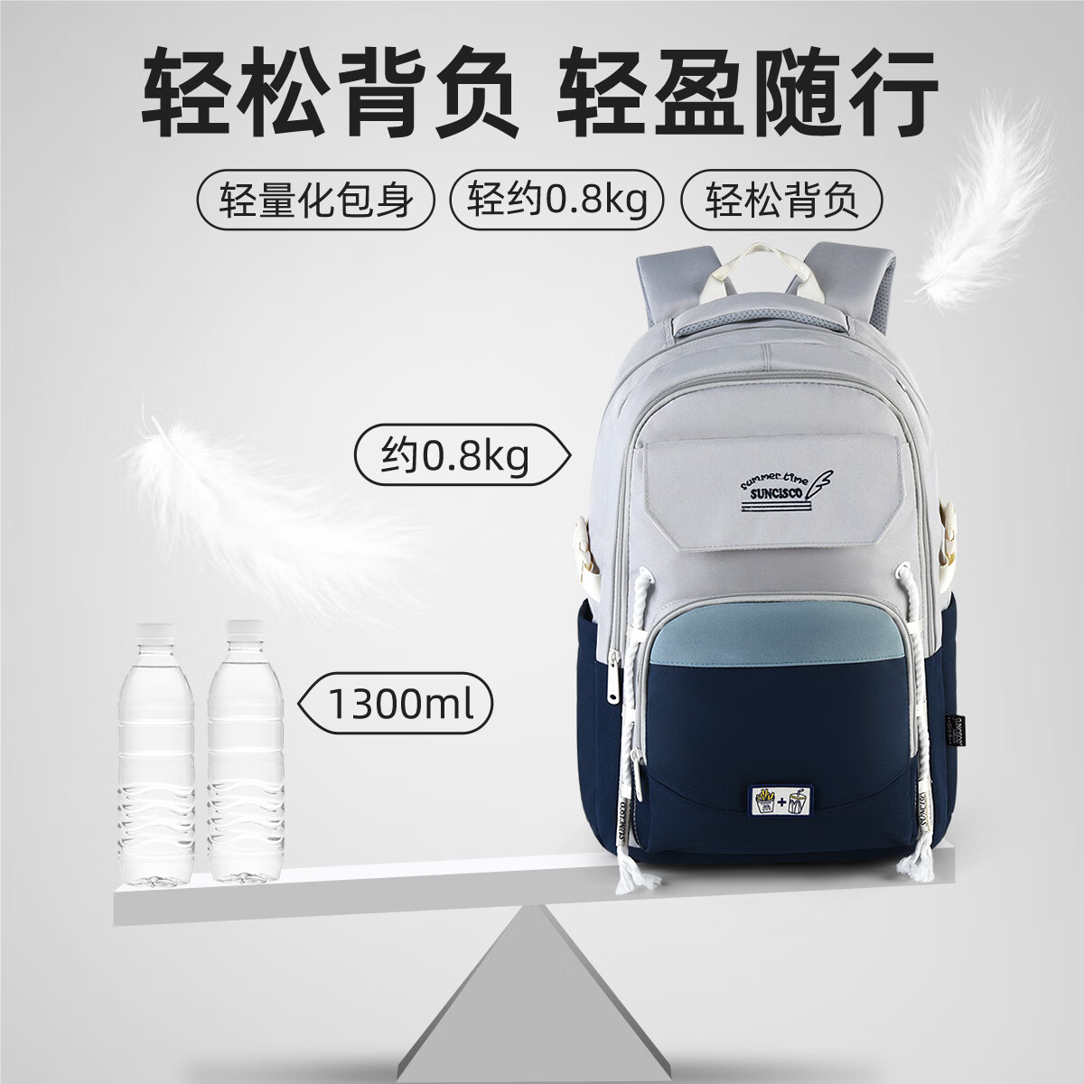新仕高(SUNCISCO)书包初中生女双肩背包高中大学生轻便减负大容量可放15.6英寸电脑 CFL0132宝蓝配浅灰适合155-180CM