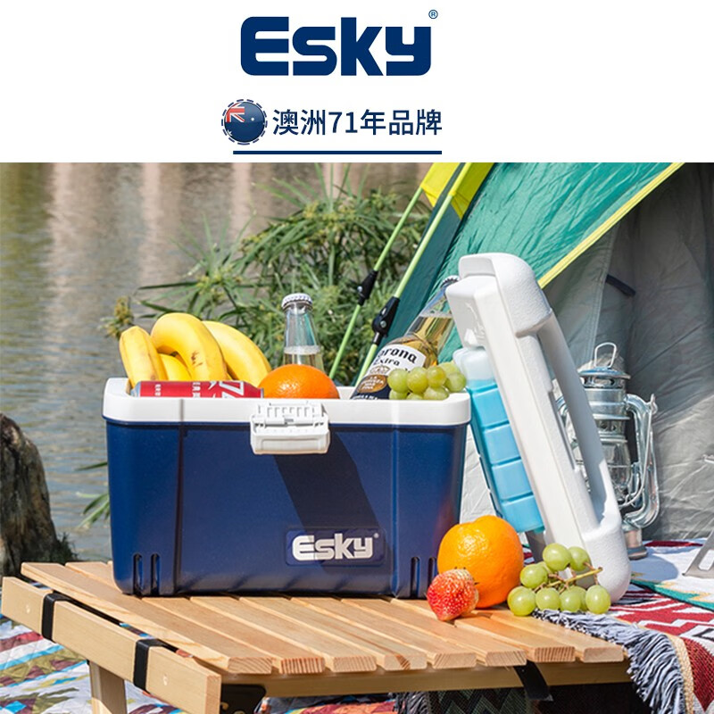 爱斯基(ESKY)车载家商用保温箱便携式冷藏户外小冰箱冰桶外卖露营野餐保鲜 38L(PU)带轮+2个350ml蓝冰+8冰袋