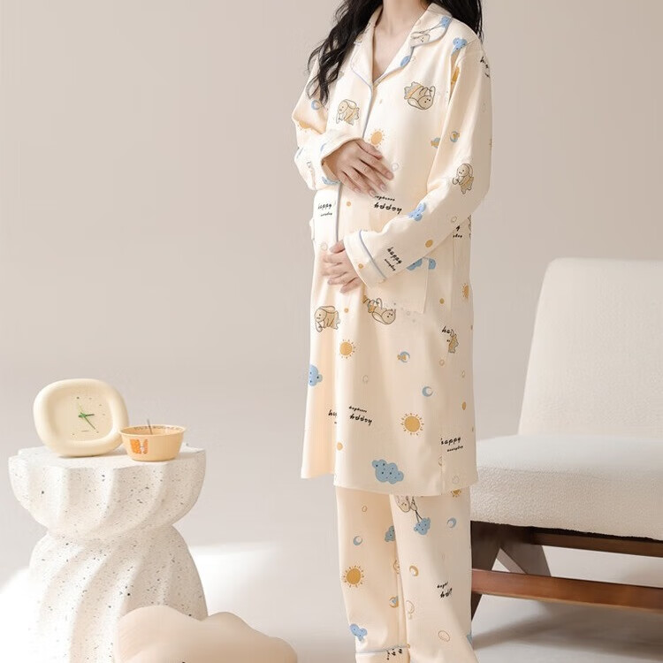 芬也帶胸墊孕婦哺乳睡裙醫(yī)院待產(chǎn)裙秋冬產(chǎn)后喂奶家居裙帶褲子月子服女 92套裝 XXL【建議：140-160斤】