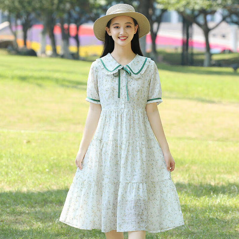Baldauren女大童夏季连衣裙7-15岁女孩碎花公主裙少女初中学生儿童女装衣服 腰带款碎花裙160码【145-155cm】