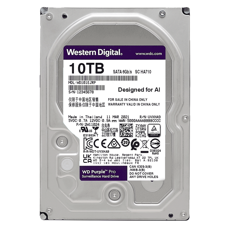 Western Digital 西部数据 紫盘 Pro系列 3.5英寸 台式机硬盘 10TB(7200rpm、256MB)WD101EJRP