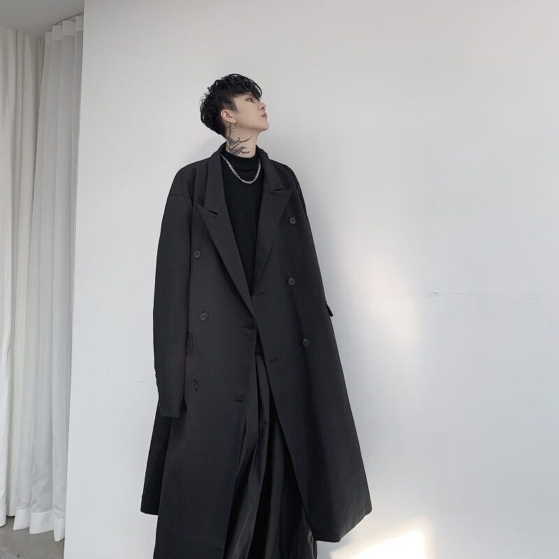 乔趣猫暗黑系男装风衣暗黑秋冬小众个性不对称西服领加长款男潮 黑色