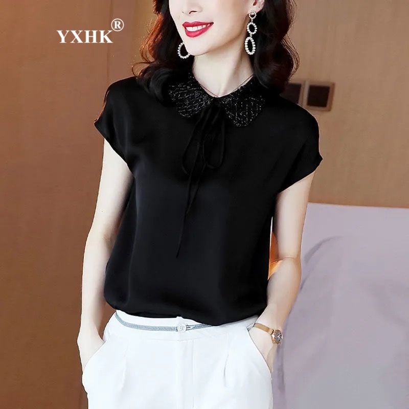 YXHK襯衫女夏品牌女裝新款時尚上衣短袖緞面歐貨洋氣小衫 黑色 2XL 130-140斤