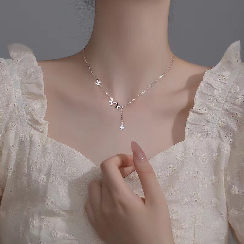 法蔻(farcoko)925银蝴蝶项链女小花颈链日韩风锁骨链生日礼物送女友 蝴蝶项链(白金色可刻字) 精美礼盒+免费刻字