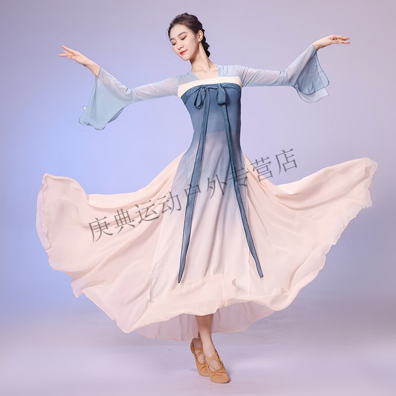 炫逐古典舞练功服舞蹈服国风身韵渐变套装飘逸长款纱衣中国舞演出服装 山海蓝上衣 S