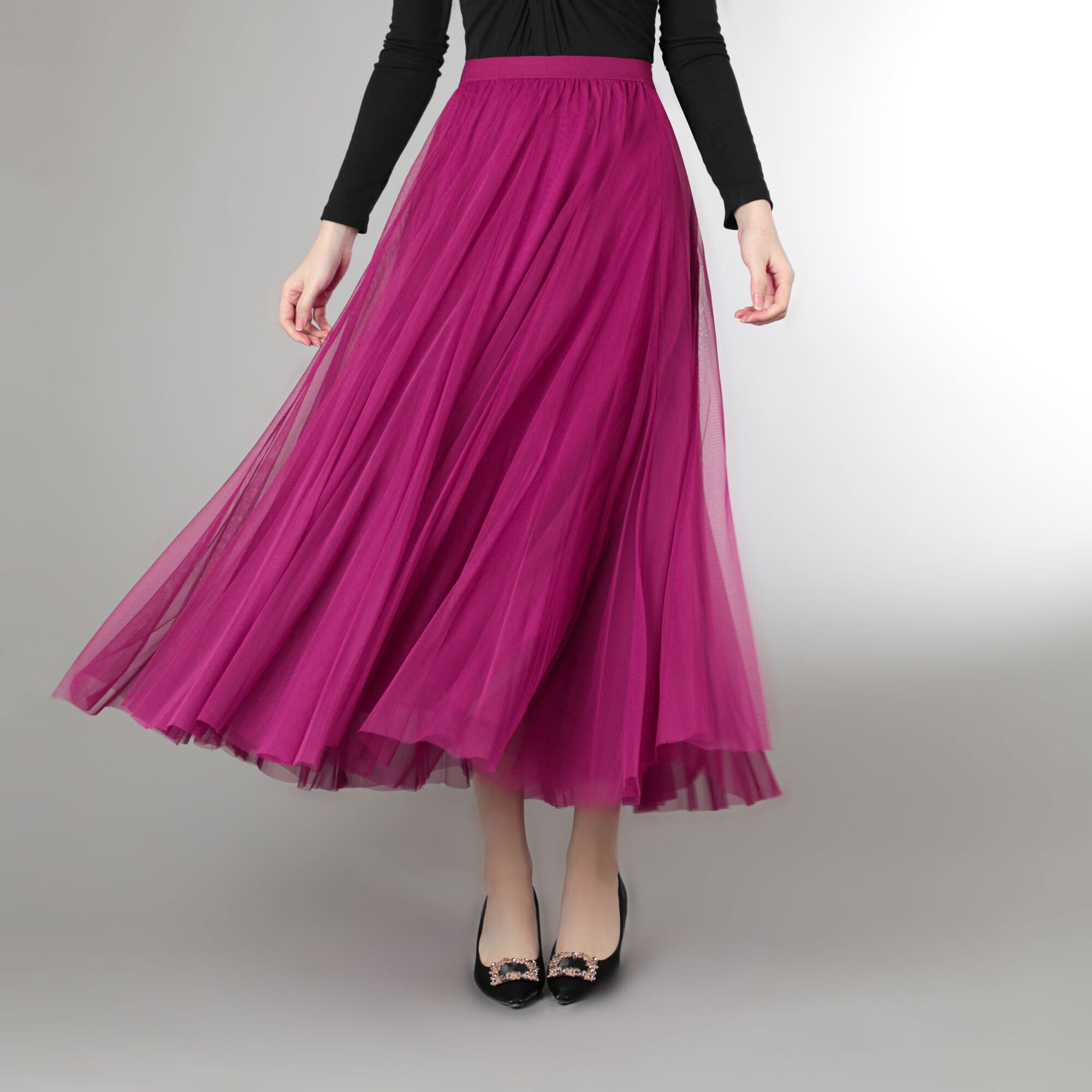 舞蹈雪纺半身裙超垂顺柔软720度大摆跳舞群a字高腰 玫瑰紫 裙长75厘米