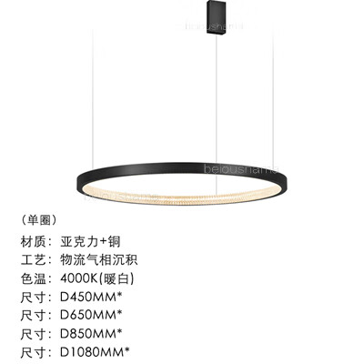 意式极简客厅圆形吊灯现代简约餐厅圆环卧室复式楼大厅轻奢灯 黑色450MM 方顶盘+三色光源全铜