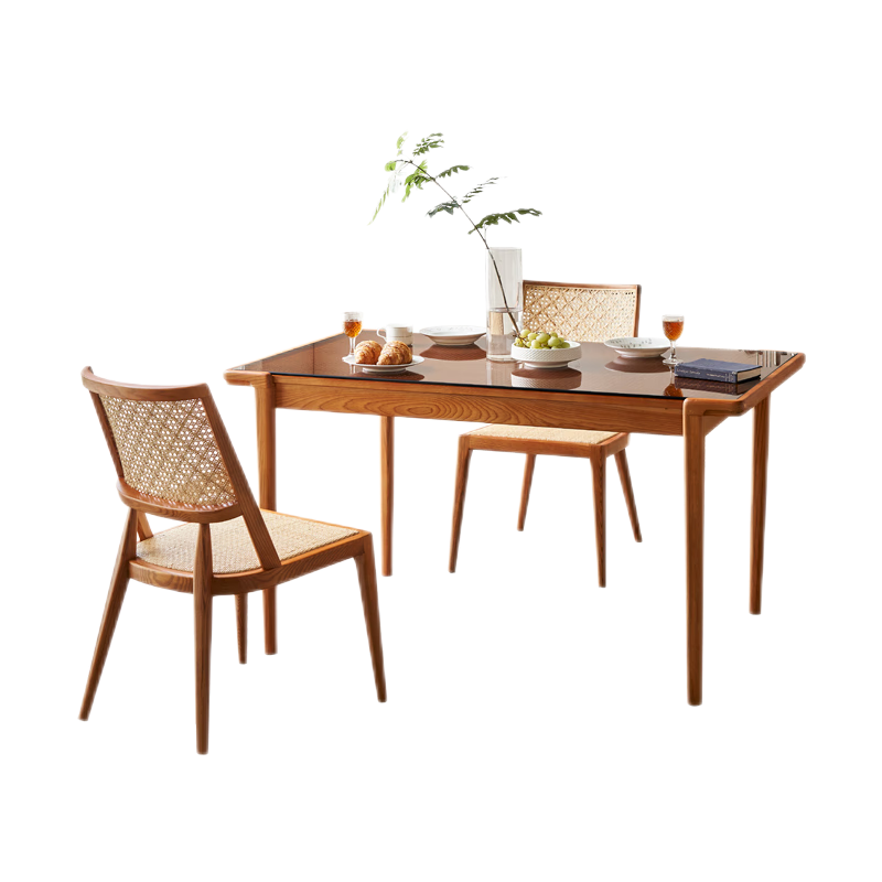 藤妃北欧实木餐桌创意高端民宿藤编长方形餐桌椅组合新中式家用吃饭桌 餐桌