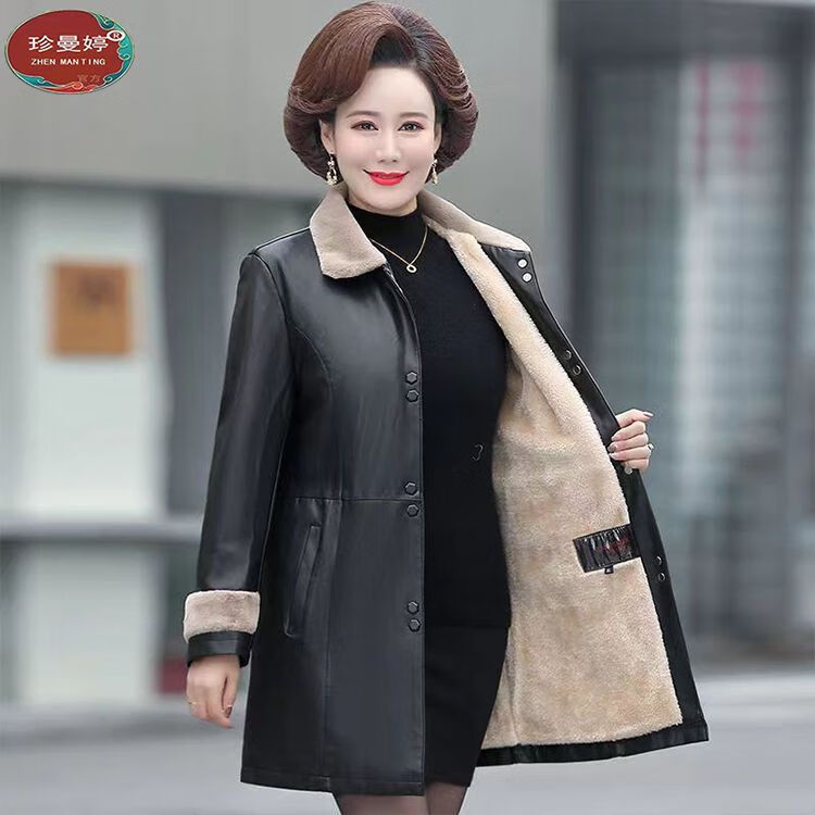 棠檀 中老年女秋冬毛呢大衣加绒加厚皮衣加绒加厚中老年女士中长款