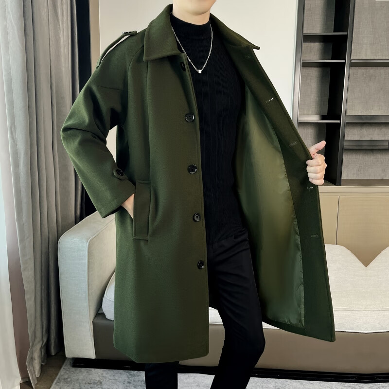 列迅秋冬季毛呢大衣男士中长款青年军绿色风衣英伦风潮流宽松呢子外套 军绿色 M