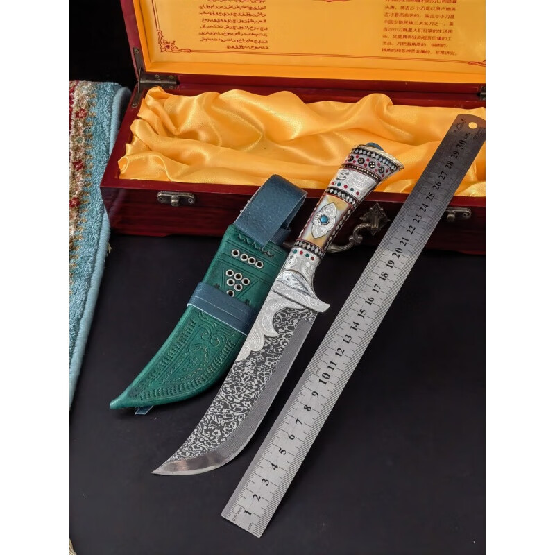 英吉沙小刀新疆 纯手工经典直刀靴式银柄萨德尔大马士革花纹钢小