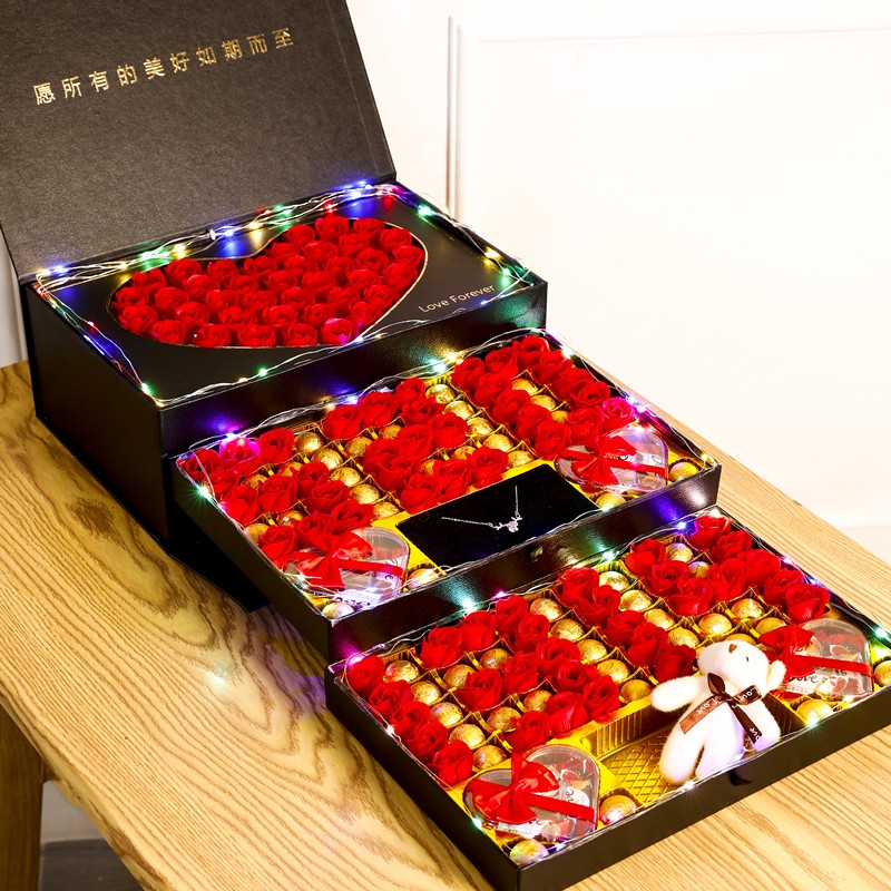 德芙巧克力礼盒装520礼物情人节礼物星空棒棒糖网红零食送女友同学儿童节送老婆创意礼品 三层5201314豪华礼盒