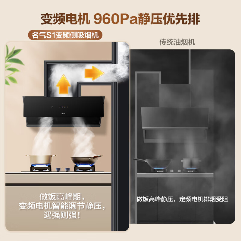 名气（MQ）老板抽油烟机侧吸变频油烟机灶具S1烟灶套装家用 24大吸力960Pa变频静压燃气灶套装A3801-S+B510AT