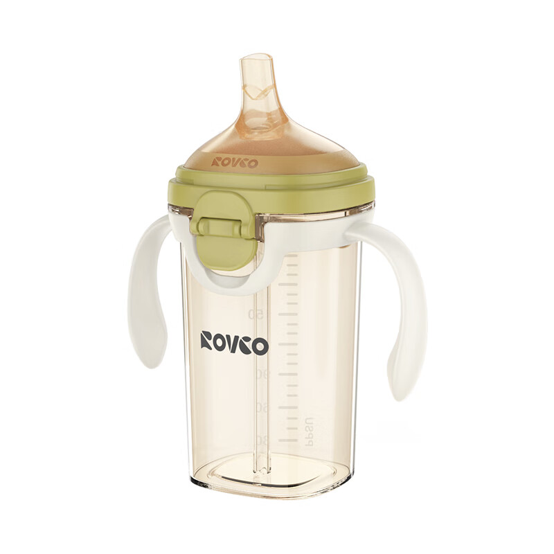 日康（rikang）吸管奶瓶 婴儿握把PPSU奶瓶 宝宝奶瓶宽口径重力球 【6-9月/橄榄绿】240ML 偏心吸嘴P1002