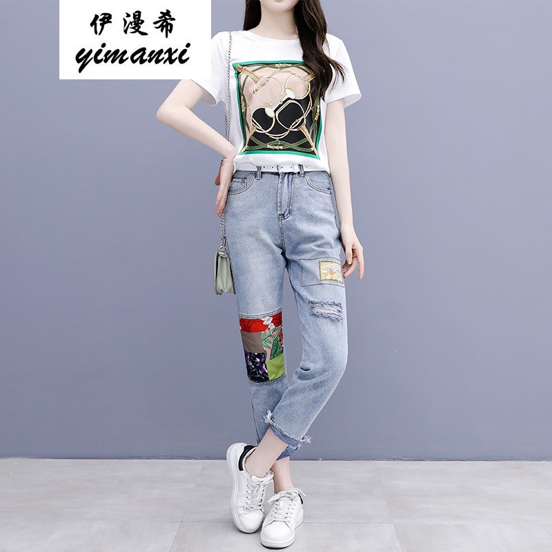 伊漫希夏季时尚短袖真丝纯棉t恤牛仔两件一套女洋气