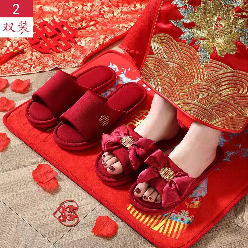 简凡宜【两双装】四季亚麻款情侣新娘新郎陪嫁喜庆红色一对家居结婚拖鞋 开口蝴蝶四季拖鞋 女【36-37】+男【42-43】高性价比高么？
