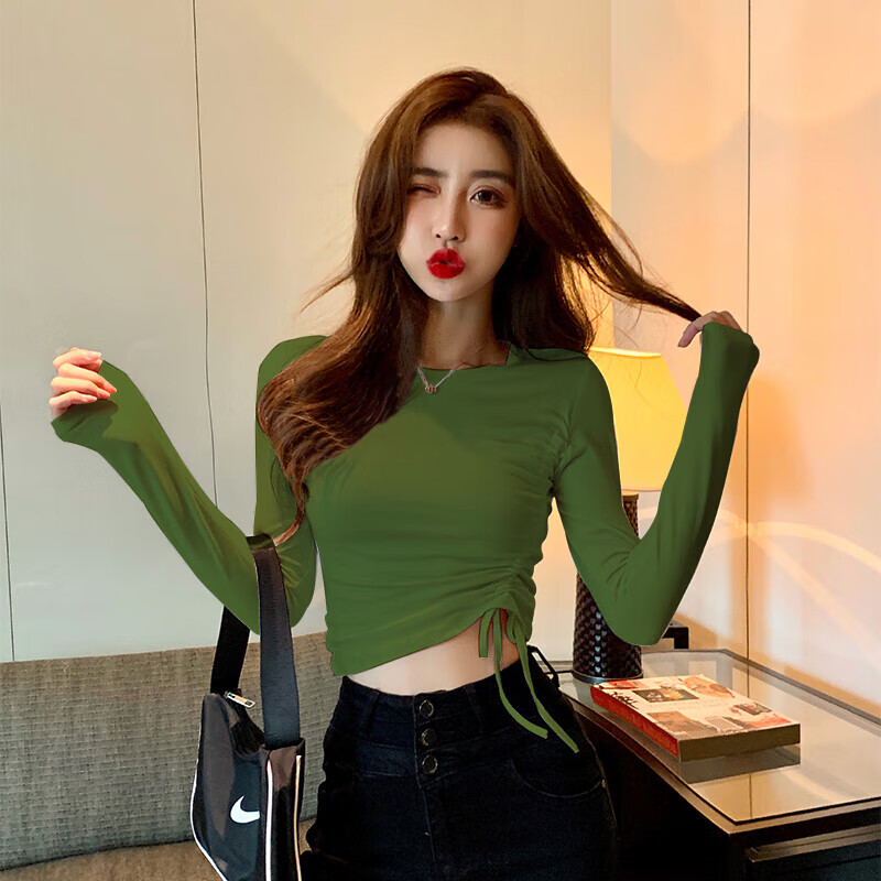 漏肚脐上衣长袖打底衫t恤春秋紧身秋冬抽绳绑带 牛油果绿 s 90斤以下
