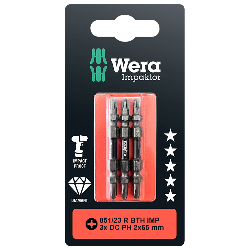 維拉（WERA）進(jìn)口十字雙頭批德國(guó)雙重抗扭起子頭金剛石涂層電氣動(dòng)抗沖擊風(fēng)批頭 金剛石款PH2x65mm（3只更劃算）