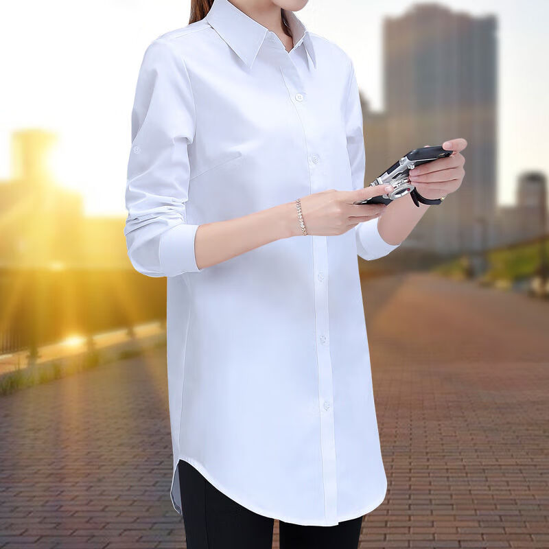 温莱蔓莎搭配鲨鱼裤长款衬衫女遮臀宽松版中长袖雪纺衬衣韩版夏天穿的