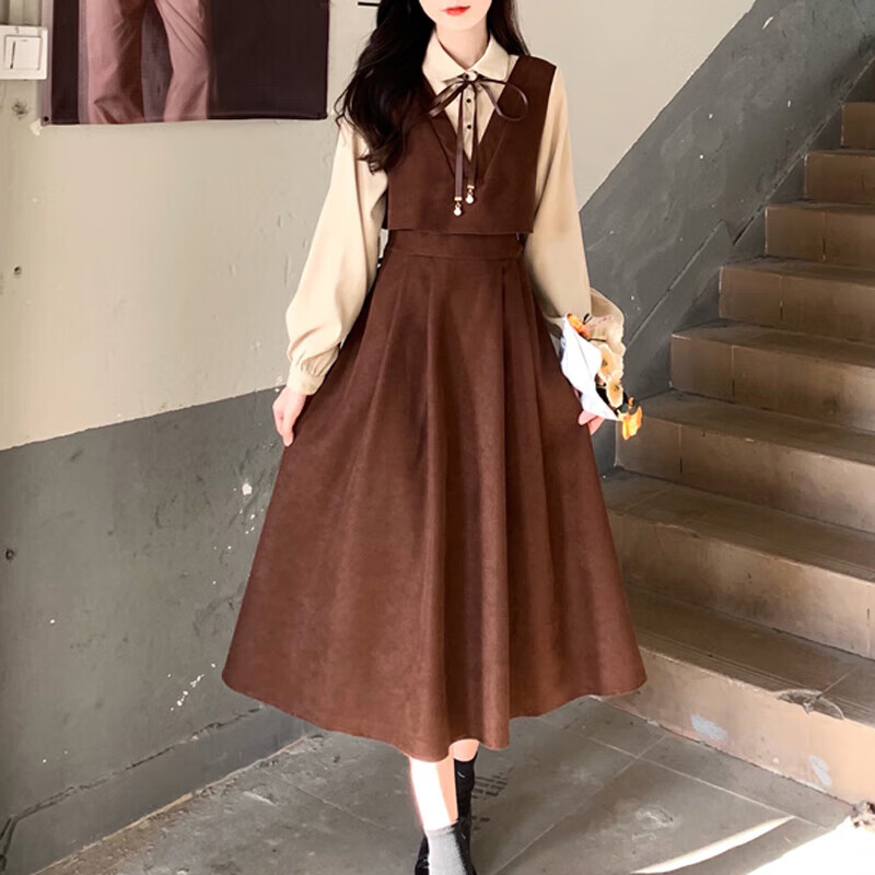 冬季连衣裙加厚少女灯芯绒假两件秋装初中生高中学生女生穿的甜美收腰