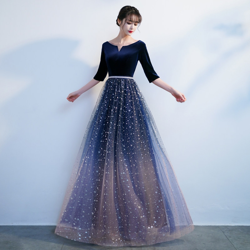 vkpi丝绒合唱指挥礼服女大合唱演出服长裙红歌合唱比赛服装 蓝色 s