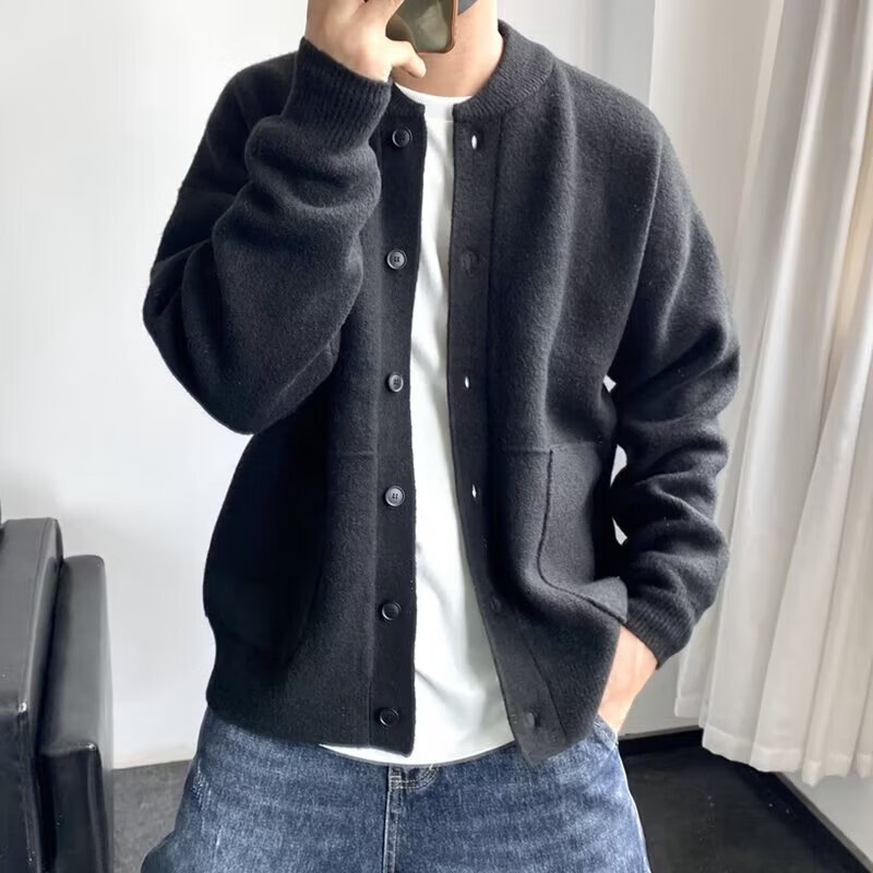 卡柏奇开衫男士秋冬款港风针织衫圆领夹克简约宽松加厚毛衣外套 黑色 2XL