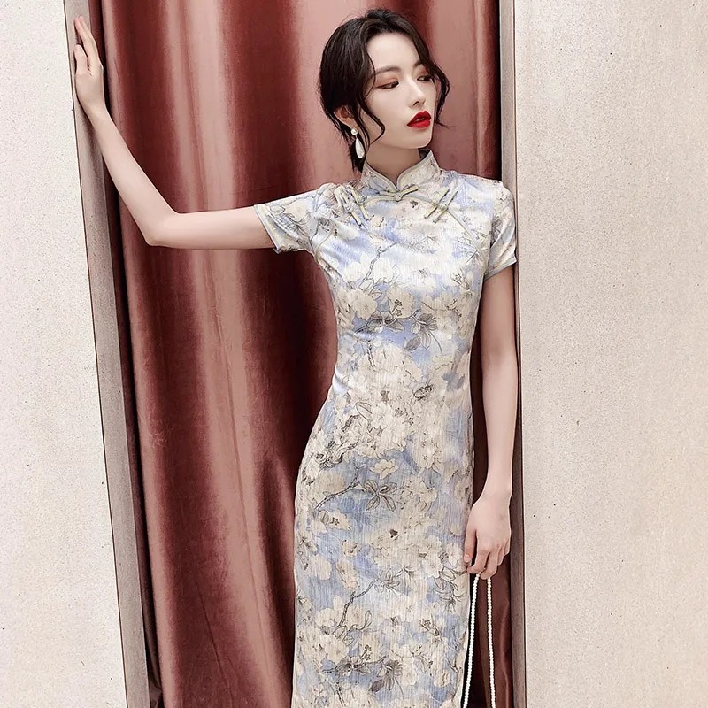 旗袍连衣裙2022夏季新款改良版中长款短袖旗袍裙女上衣修身优雅复古