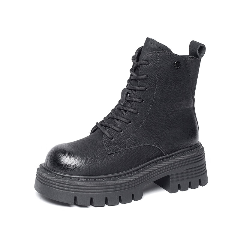 Semir官方正品女款马丁靴女2024冬季新款工装风厚底增高圆头英伦风女 黑色 40