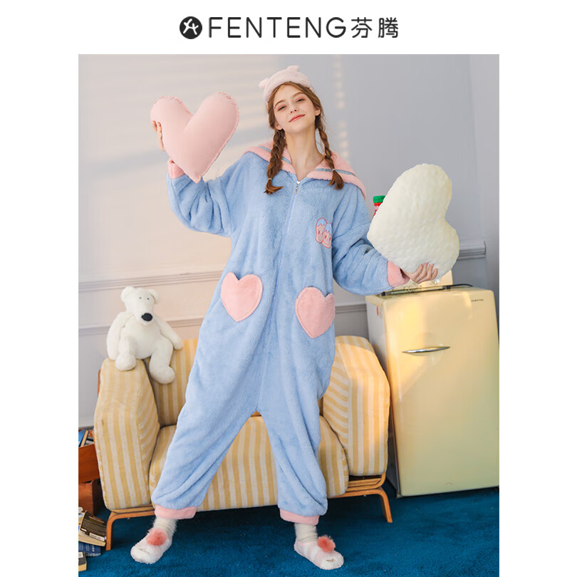 芬腾连体珊瑚绒睡衣女可外穿秋冬加绒加厚新款家居服连帽法兰绒后拉链 S
