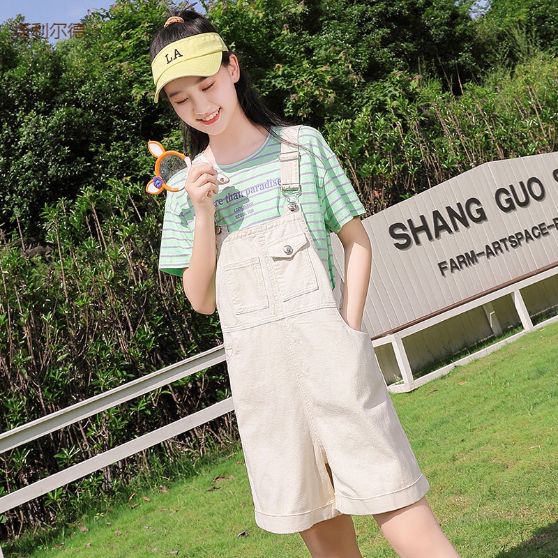 搭女背带裤套装夏天夏季中学生连体裤少女套装夏季薄款韩版宽松高初中