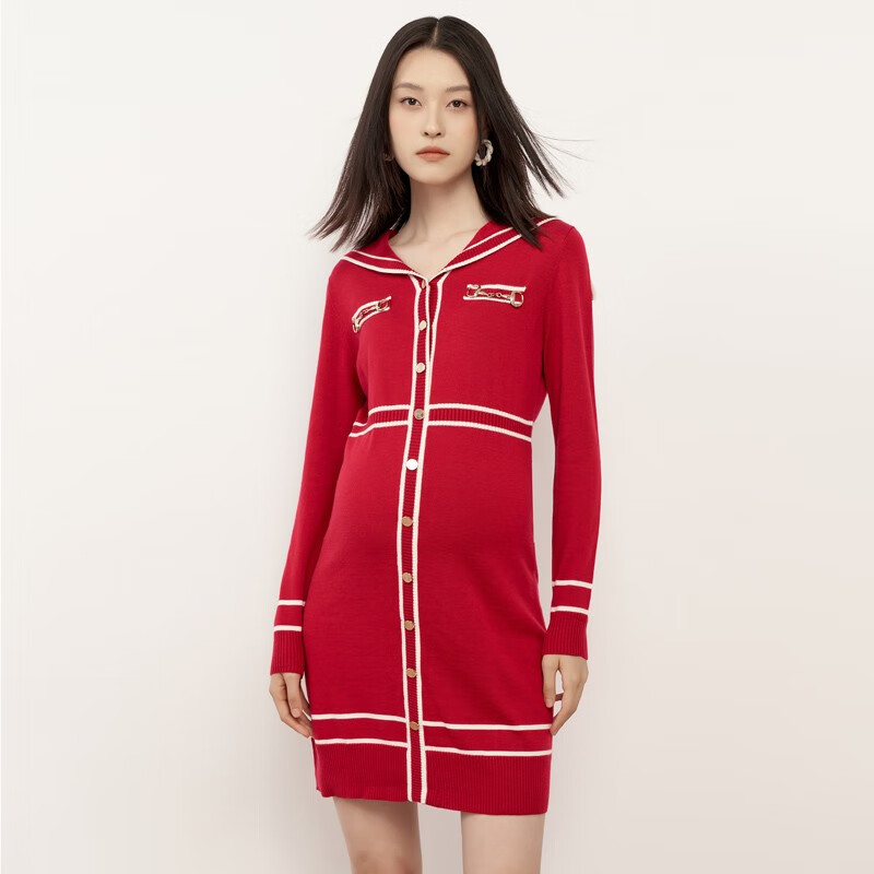 Sellynear孕妇装秋冬新款连衣裙中长款翻领针织裙显瘦孕妈毛织裙子 酒红色 S