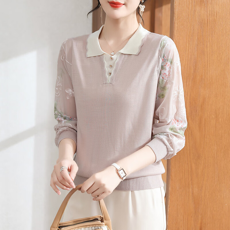 雷黛茜翻领春装中老年妈妈打底新款女装针织纱袖小衫上衣洋气短款七分袖 杏色(90%的客户选择 XL 80-120斤