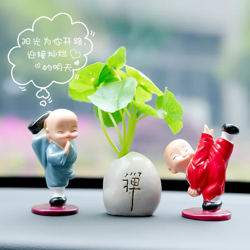 mking 汽车摆件车载中控台荷叶禅意石 搭配小和尚佛教网红一禅可爱