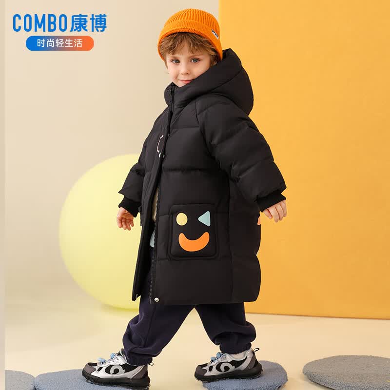 康博儿童羽绒服男童冬季中长款新款小童宝宝加厚保暖童装外套 黑色1018 130