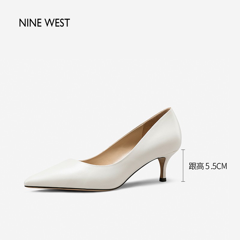 NINE WEST/玖熙新款春秋浅口单鞋女尖头小猫跟纯色简约高跟鞋通勤真皮鞋女 米白(5.5cm) NF201040CK 35